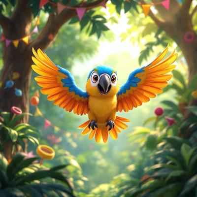 The primary subject of the image is a colorful parrot with a blue head and orange wings, flying through the air. The setting is a lush green forest with trees and a sunny atmosphere. The visual style is a digital art or illustration, creating a vibrant and dynamic scene. The colors and mood are bright, cheerful, and full of life, reflecting the energetic nature of the parrot and its surroundings.